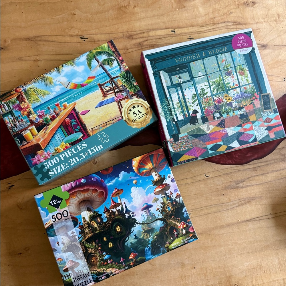 Set of 3 Colorful 500-Piece Jigsaw Puzzles - Beach, Botanical Shop, Fantasy